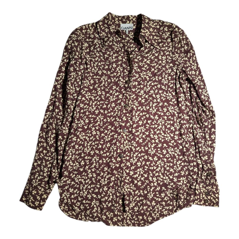 Ganni Long Sleeve Button Up Crepe Floral Printed Shirt in Chocolate Brown 34 XS